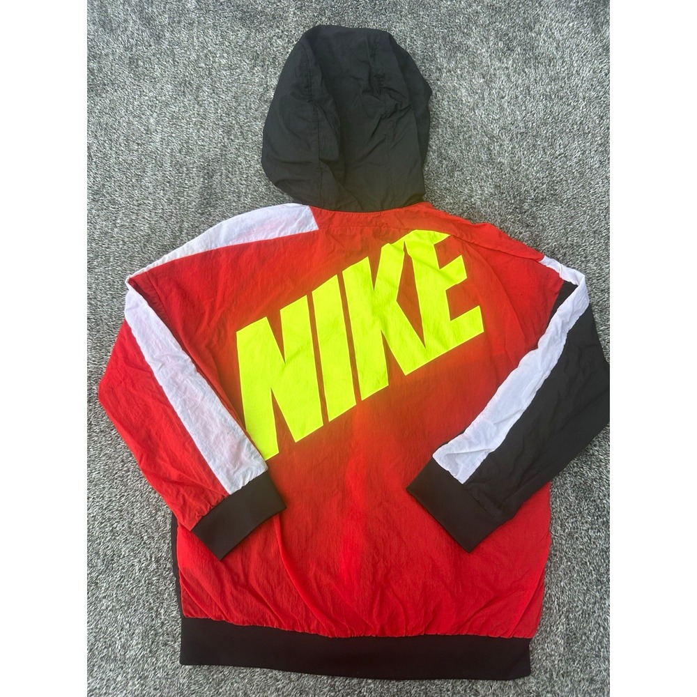 Nike Youth Small Windbreaker Jacket Red Black Neon Big Logo Hooded Colorblock